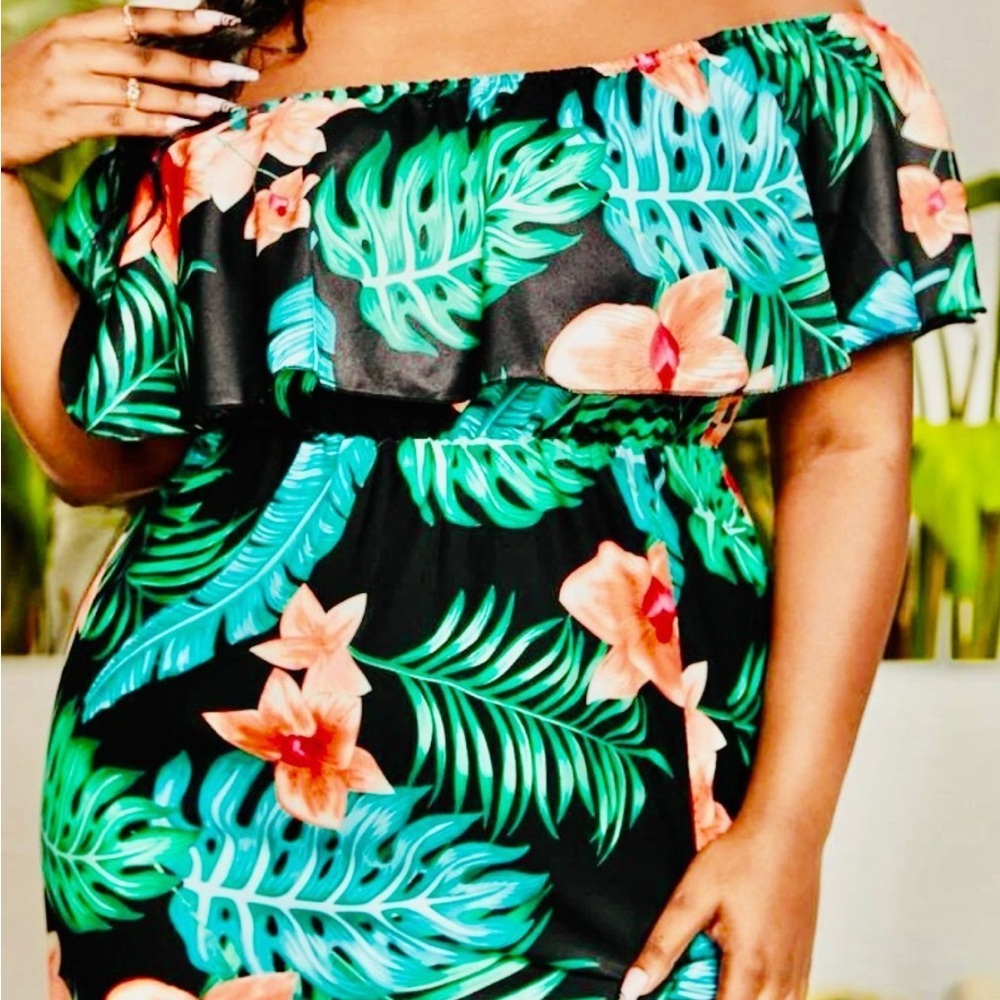 Tropical Off The Shoulder Dress w/ Slit